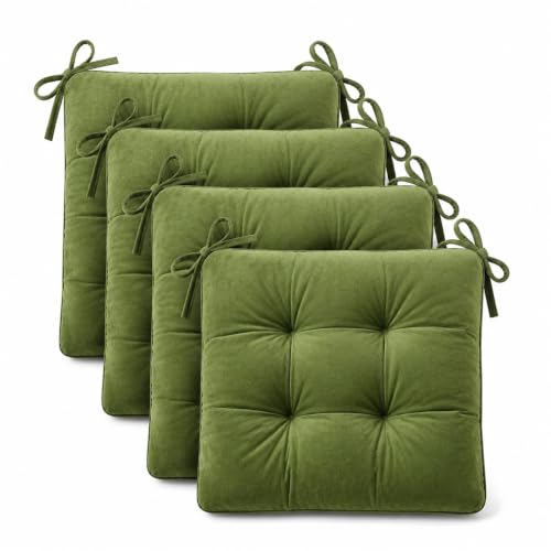 Image of VAS COLLECTIONS Pack of 4 Chair Pad Cushions with Tie Straps, Tufted Seat Cushions for Dining, Office & Wooden Chairs, Soft Comfortable Chair Pads with Durable Stitching, 16 x 16 Inches - Moss Green