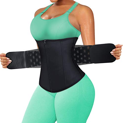 RACELO Women Workout Waist Trainer Trimmer Tummy Cincher Corset Zipper Girdle Body Shaper for Wrap Stomach Exercise (XS, Black)