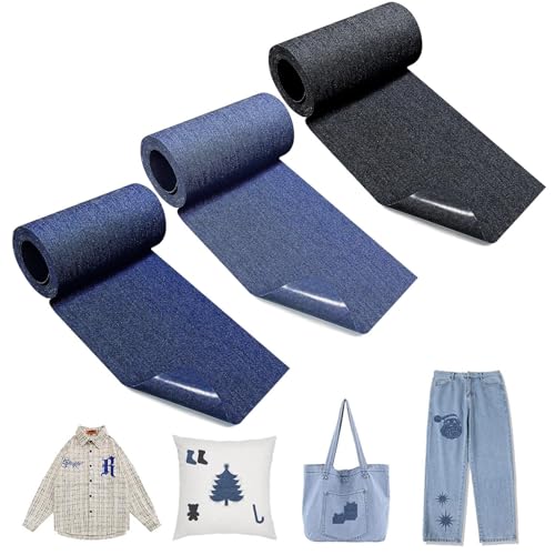 3 Rollen Jean Flicken zum Aufbügeln, 8 * 51 cm Reparatur Patches, Kleidung Selbstklebende Bügelflicken, Denim Patches zum Aufbügeln, für Jeans Kleidung Lochreparatur und Dekoration