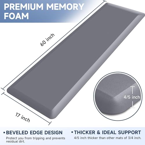 Image of 4 /5 Inch Thick Kitchen Mat Anti Fatigue Mat Kitchen Rugs Kitchen Decor Non-Slip, Stain & Water Resistant, Kitchen Mats Desk Mat for Kitchen, Office, Workshop, Grey, 17'' x 60''