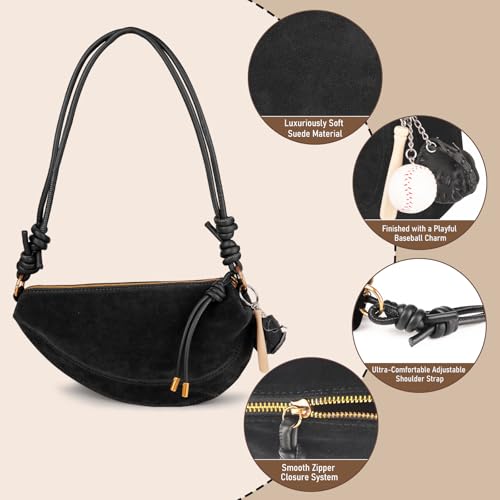 Image of Small Suede Dumpling Crossbody Bag for Women, Hobo Shoulder Purse with Cute Baseball Charms & Adjustable Strap