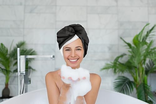 2-in-1 Shower Cap & Hair Towel Wrap for Women - Lightweight Towel Wrap with Elastic Loop for hair Drying & Conditioning - Ideal for All Hair Types, Comfortable & Easy to Use (Black)