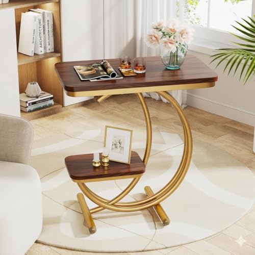 Image of Coffee Table for Living Room End Table Beside Table with Metal Legs Small Accent Tables Snack Table Nightstand for Multipurpose Square Tables (Golden Black) (Golden Brown)
