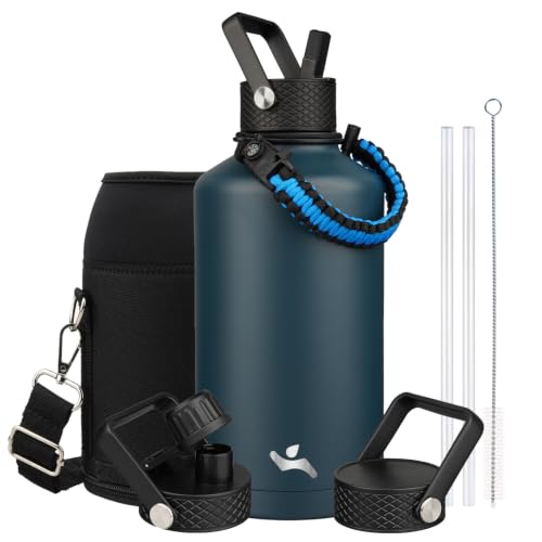 Image of Konokyo Insulated Water Bottle with Straw,87 oz 3 Lids Water Jug with Carrying Bag,Paracord Handle,Double Wall Vacuum Stainless Steel Metal Flask,Navy Blue
