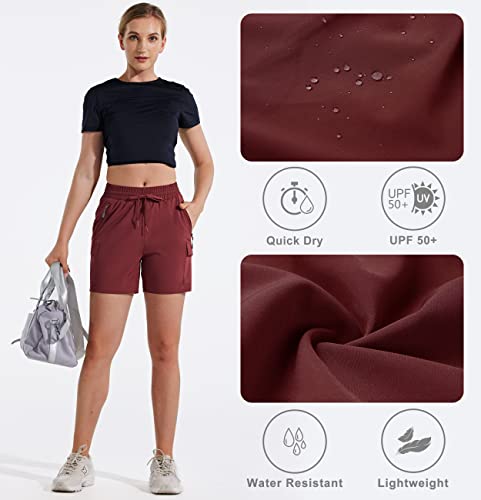 Maskert Women's Hiking Cargo Shorts Quick Dry Athletic Golf Shorts 5 Inches Lightweight Running Summer Casual Shorts With Pockets, Ruby Wine L #TOP3