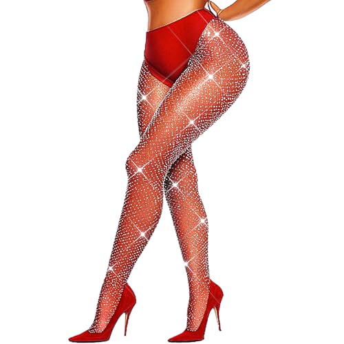 Barode Women's Fishnet Stockings Sparkly Rhinestones High Waist Thigh Mesh Tights Pantyhose Stockings Sheer