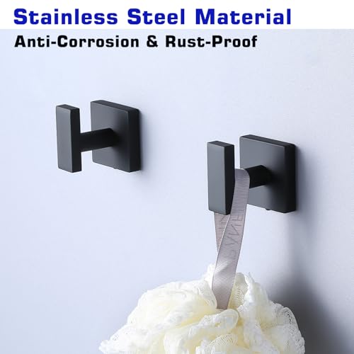 Image of (2-Pack) Matte Black Bathroom Towel Hooks, Stainless Steel Square Heavy Duty Wall Hooks Hanger for Bathroom Kitchen Holding Towels, Robes, Coats, Clothes