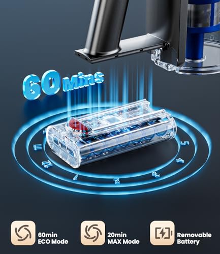 Cordless Vacuum Cleaner, 500W/40Kpa Vacuum Cleaners for Home, 60Mins Stick Vacuum with LED Display, Anti-Tangle & Wall Mount Charging, 8 in 1 Lightweight Vacuum for Hard Floors Carpet Pet Hair - Image 6