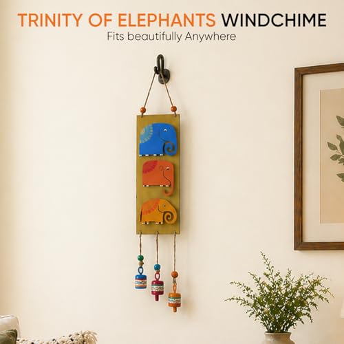 Image of Aakriti Art Creations Trinity of Elephants Windchime Multicolor | Handmade Modern Art Wooden & Metal Wind Chime | Matte Decorative Wind Chimes for Balcony, Garden, Living Room & Gifting