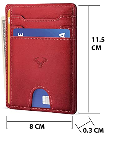 Image of Contacts Genuine Leather Slim Wallet | RFID Blocking Skinny Minimal Thin Front Pocket Wallet Sleeve Card Holder for Men | Up to 7 Card Slots Including 1 ID Window (Red)