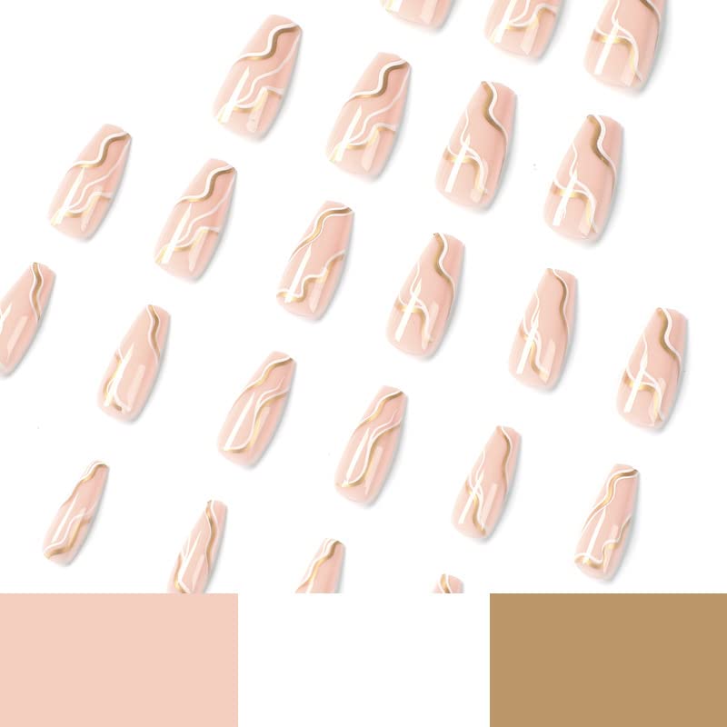 Miniatura 5 de VEDAR VEDAR-LT006 - Uñas postizas a presión con diseño de mármol rosa, con líneas doradas, de longitud media, con líneas blancas para mujeres, kit