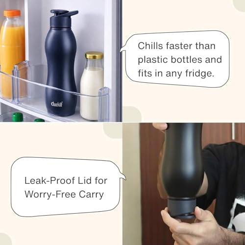 Image of Clazkit Platina Stainless Steel Black Matte Finish Water Bottle Set of 6 |ISI Certified | Leakproof, Rust-Free, BPA-Free, Durable for Fridge, Sports, Gym, Yoga & Office-1000ml