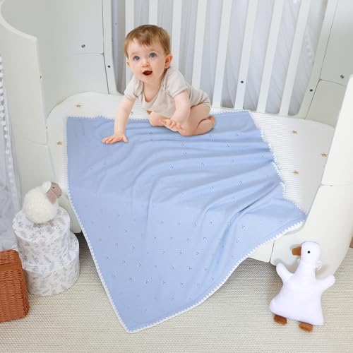Image of Baby Blanket Knit Ultra Soft Swaddle Receiving Blankets for Boys & Girls Cotton Knitted Newborn Infant Toddler Nursery Crib 30 x 40 Inch
