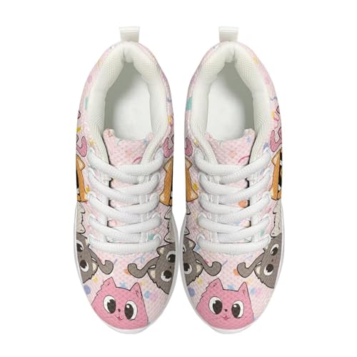 Girl's Mesh Sports Shoes Lightweight Running Tennis Shoes Funny Cat Pattern Sneakers Non Slip Comfortable Breathable Lace Up Casual Walking Shoes for Primary School Students White US 12