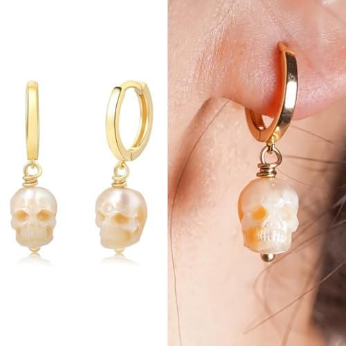 Gothic Skull Pearl Huggie Earrings - 14K Gold Plated Hand-Carved Pearls Statement Minimalist Punk Fashion Skull Jewelry for Women, men2