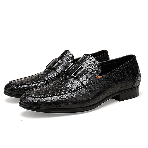 Image of Mens Leather Penny Loafers, Classic Crocodile Printed Business Dress Shoes with Metal Buckle Slip on Penny Shoes for Mens