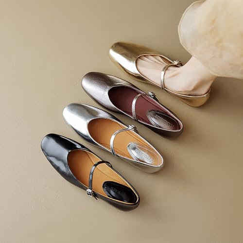 Leather Mary Jane Flats Shoes for Women Closed Round Toe Ballet Flats with Buckle Strap Comfort Walking Work Shoes Gold3