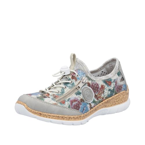Rieker N42V1 Nikita Women's Sneakers - Lightweight Walking Slip-On Sneakers with Floral Design, Elastic Bungee Lacing & Cushioned Durable Sole for Comfort