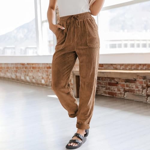 Women's Corduroy Pants Baggy Drawstring Elastic High Waist Trousers Casual Loose Fit Straight Leg Pants with Pockets2