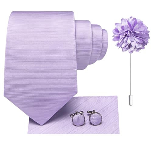 Image of Hi-Tie Men Silk Ties Set with Flower Lapel Pin Necktie Pocket Square Cufflinks for Tuxedo Wedding Business