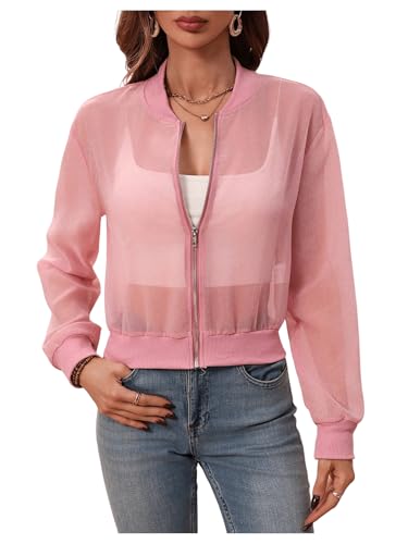 OYOANGLE Women's Long Sleeve Zipper Front Baseball Collared See Through Bomber Jacket
