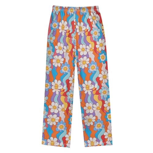 Pajama Pants Sleep Pants Soft Elastic Waist Pajama Lounge Pants White Blue Yellow Flower for 6-14 Years Old2