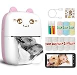 Mini Printer Portable, Inkless Sticker printer with 8 Rolls Paper, Bluetooth Wireless mini thermal printer Compatible with iOS + Android for Journal, Memo, Photo, Print Pod Gifts for Girls Kids (Pink)