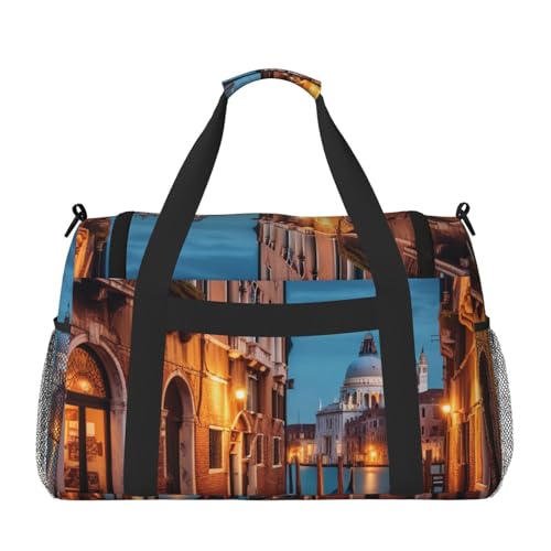 Venice Night Print Travel Duffle Bag - Foldable Personal Item Travel Bag for Women & Men,Carry-On Convertible Crossbody Tote Bags with Adjustable Shoulder Strap & Pockets 13x10.2x19.7 in2
