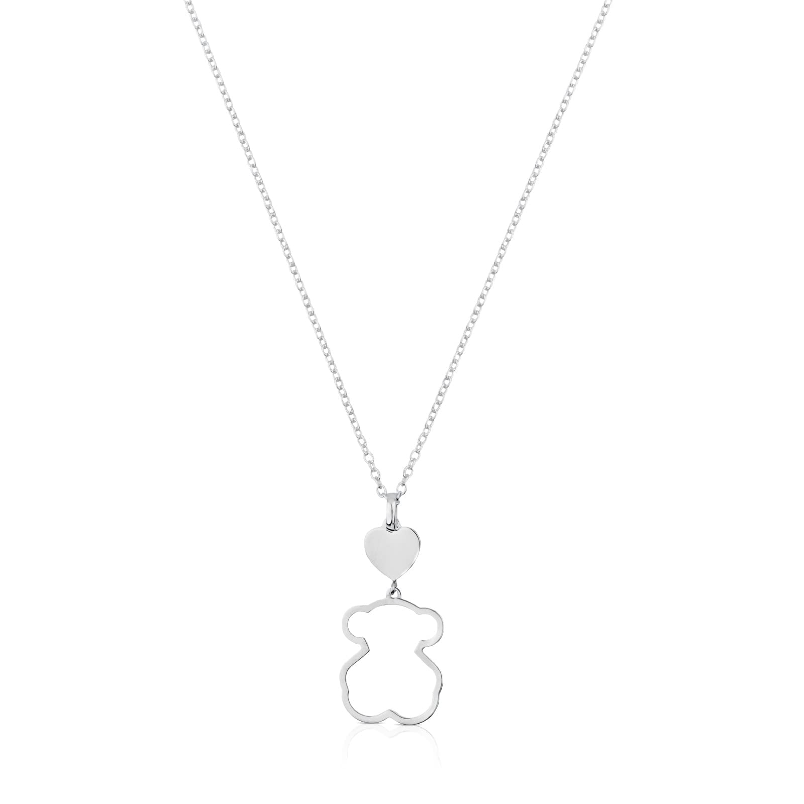 TOUSCollar de Plata de Primera Ley para Mujer con Colgante de Oso de 19 mm y Corazón de 8.6mm, 45 cm de Largo, Elegante y Versátil, Colección Silueta