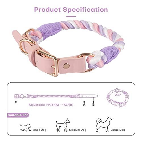Lucky Monet Comfortable Cotton Dog Collar Adjustable Braided Cotton Multi-Color Rope Leash Collar With Durable Hook Clasp M (Pink & Purple) #TOP3