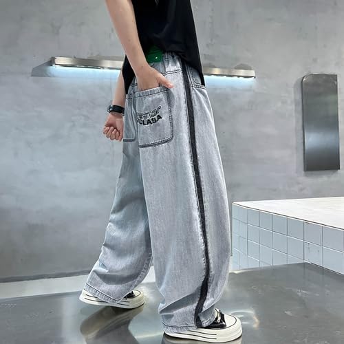 Baggy Jeans for Boys Y2K Straight Wide Leg Denim Pants Kids Casual Elastic Waist Loose Trousers Pockets 4-12 Years4