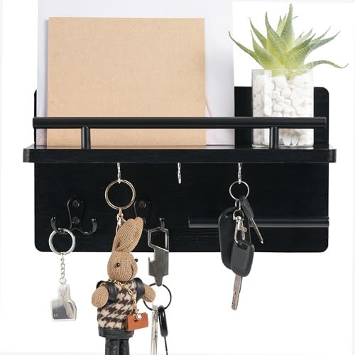 DALEMHOME Key Holder for Wall, Wooden Mail Rack Organizer with Shelf and 5 Key Hooks, Wall Mounted Key Hanger for Entryway, Black HKKS1001BK
