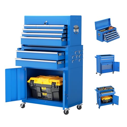 Oakcloud Heavy-Duty 8-Drawer Rolling Tool Chest & Cabinet Combo with Black Liner – Lockable Steel Garage Tool Box on Wheels – Detachable Top Toolbox & Bottom Storage Cart with Side Hooks, Blue