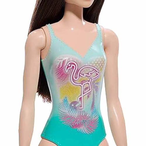 Muñeca Barbie de Playa con Traje Azul y Cabello Negro miniatura 2