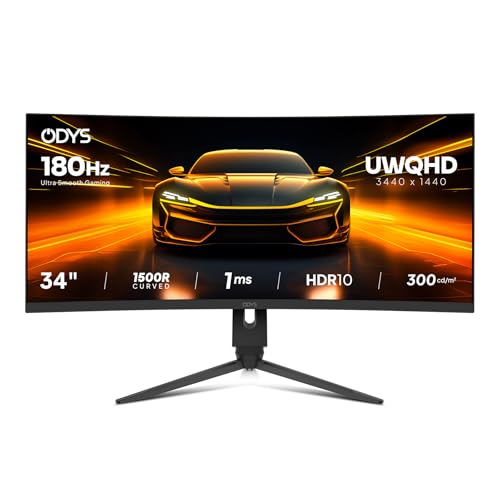 ODYS XP34 PRO-X Curved Gaming Monitor – 34 Zoll (86 cm) UWQHD (3440x1440), 180 Hz (DP), 1ms Reaktionszeit (MPRT),125% sRGB, HDR10, FreeSync/G-Sync komp., 1500R, Pip/PBP, 2X HDMI 2.1, 2X DisplayPort