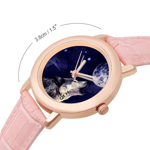 Wolf Howling at The Moon Classic Watches for Women Funny Graphic Pink Girls Watch Easy to Read2