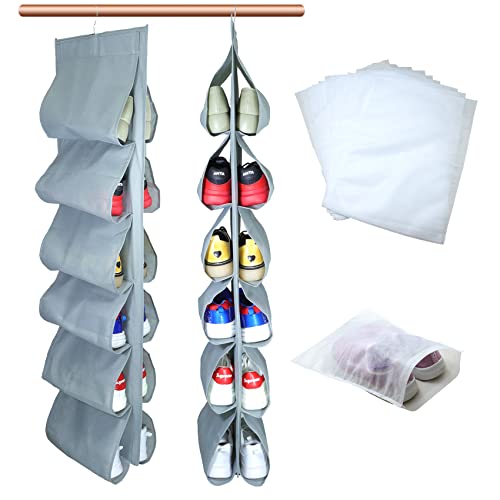 asoqwal 2 Pack 12 Large Pockets Hanging Shoe Organizer for Closet with Roating Hanger for Storage Mens Shoes,Kids Clothes,Also can used as Travel shoe rack hanging,Grey