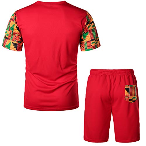 Lucmatton Men's African Pattern Printed T-Shirt And Shorts Set Sports Mesh Tracksuit Dashiki Outfits Red Medium #TOP1