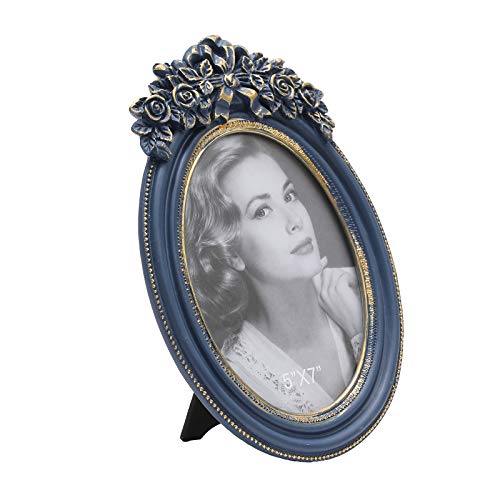 Navy Blue Oval Vintage Picture Frame 5X7 Inch Antique Tabletop Elegant Photo Frame , Flower Textured Hand-Crafted Resin Picture Frame For Home Decor #TOP3