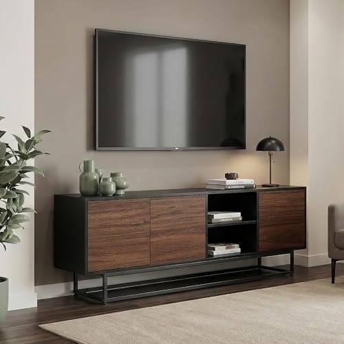 [en.casa] Aparador Boxholm para Salón Aparador Multiusos con 3 Compartimentos con Puertas y 2 Compartimentos Abiertos Mueble Auxiliar para Oficina Mueble de TV 160 x 30 x 57 cm - Negro/Efecto Nogal