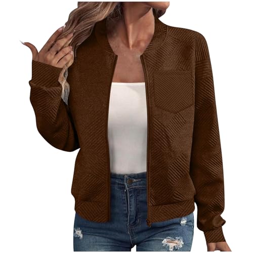 hlysgo Womens Bomber Jacket Casual Full Zip Up Textured Coat Lightweight Fall Long Sleeve Jackets Outerwear with Pockets2