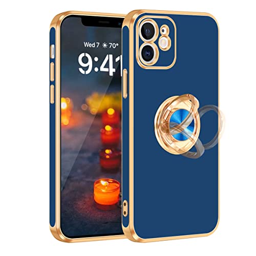 Coque iPhone 12 avec anneau rotatif et protection TPU souple bleu et doré Fingic