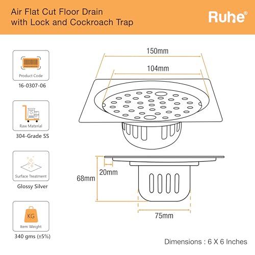 Ruhe® Air Square Flat Cut Floor Drain | 304-Grade Stainless Steel Floor Drain Jali | 6 x 6 inches | Floor Drainer with Cockroach Trap/Jali and Lock