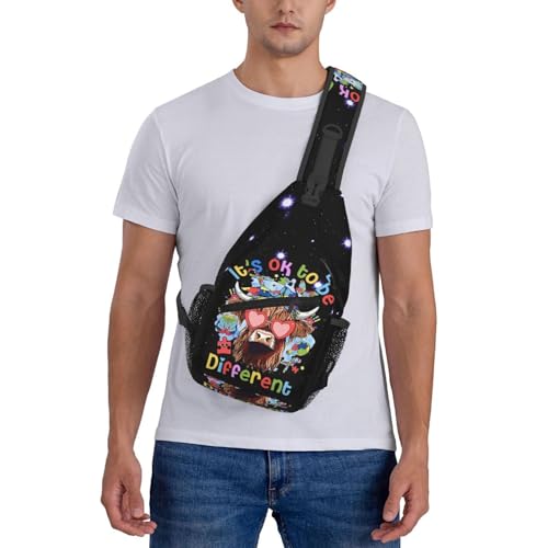 Highland Cow with Autism Puzzle Heart Sunglasses Sling Backpack Unisex Crossbody Chest Bag Shoulder Chest Bag For Women Men Hiking Travel 6