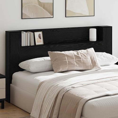 Teenpull Armario de cabecera con LED de roble negro, 180 x 16,5 x 103,5 cm, material de madera, para pared, para dormitorio, habitación de invitados, habitación juvenil, con iluminación ajustable y