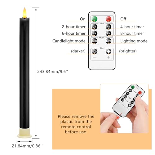 Image of LED Flameless Taper Candles with Two Remote Timer Battery Operate, Pack of 6, 3D Flickering Warm Real Wax Candles, Wedding Dinner Holiday Decor Candles, (D 0.86 inch * H 9.6 inch)-Black