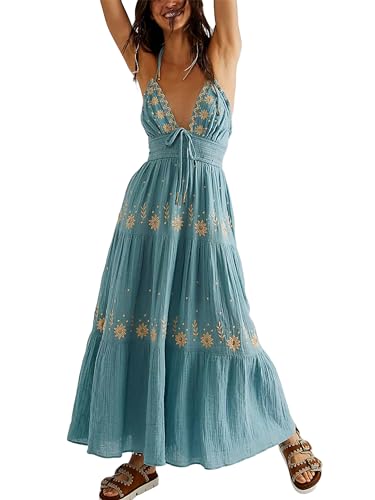 Women Boho Flowy Maxi Dress Flower Embroidery Tie-Up Halter Sleeveless Dress Open Back Swing Backless A-line Dress (A-Blue, M)