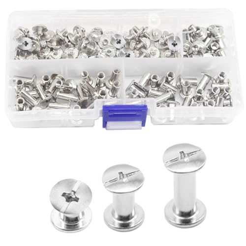 CEEYSEE 150PCS(75Set) Silvery Chicago Screws Assorted Kit Nail Rivet Chicago Button for DIY Leather Decoration Bookbinding Round Flat Head Stud Screw (M5 x 6/10/12mm)