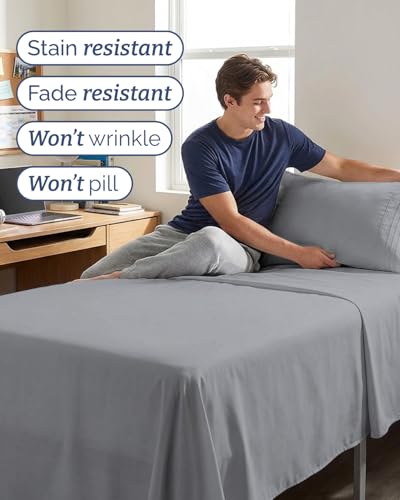 Image of Twin XL 4 Piece Sheet Set - College Dorm Room Essentials - Steel Blue | Ultra Soft Dorm Bedding Set, 8 inch to 16 inch Inch Deep Pockets, 1 Flat & 1 Fitted Sheet & 2 Pillowcases, Wrinkle & Fade Free