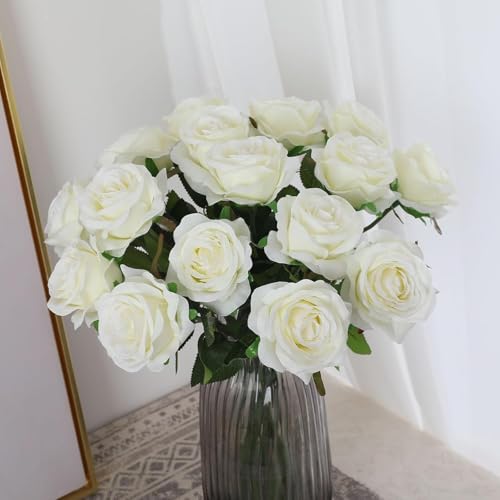Image of Dekorly Artificial Fake Roses Flowers - 10 Pcs Fake Artificial Roses Silk Flowers with Stems for Home Room Tabletop Wedding Hotel Office Centerpiece Decor | Height 18 Inch (White)